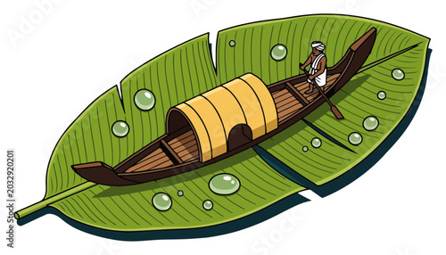 Fotografie Kerala houseboat on banana leaf with water droplets in colorful hand drawn carto