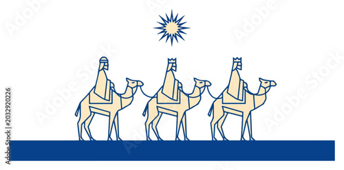 Tableau sur toile Three wise men riding camels following the star in minimalist blue and gold line