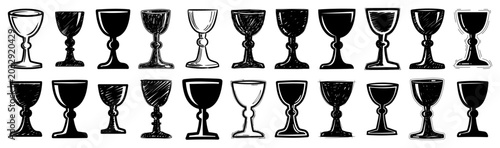 Photos Chalice and holy grail goblet icons set in hand drawn sketchy style