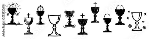 Cuadro en lienzo Holy communion chalice with host and christian cross symbols sketchy doodle styl