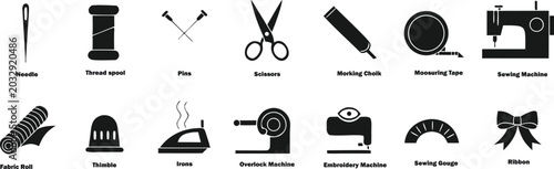 Quadro su tela Sewing Machine Icons Black Silhouette Set On White Background