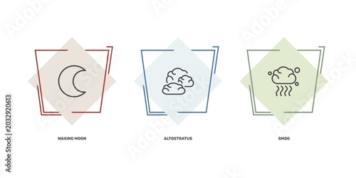 Foto weather icon set with waxing moon, altostratus, smog signs in flat outline style