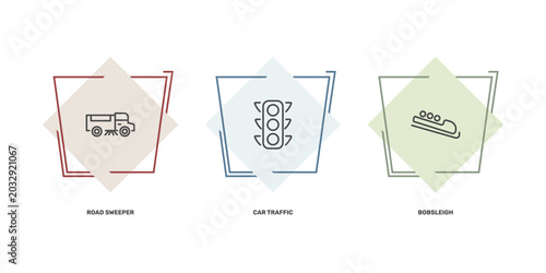 Foto transportation icon set with road sweeper, car traffic, bobsleigh signs in flat