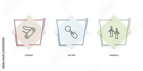 Canvas Print tools and utensils icon set with penknife, key ring, windmills signs in flat out
