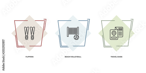Fotografi summer icon set with flippers, beach volleyball, travel guide signs in flat outl