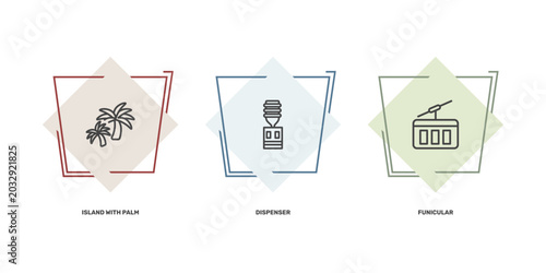 Foto summer icon set with island with palm trees, dispenser, funicular signs in flat