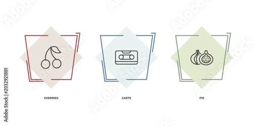 Photos summer icon set with cherries, caste, fig signs in flat outline style
