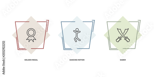Schilderij op canvas sport and game icon set with golden medal, dancing motion, saber signs in flat o