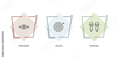Foto sport and game icon set with champion belt, bullseye, shin guards signs in flat