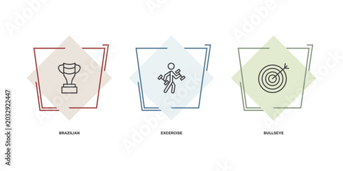 Canvastavla sport and game icon set with brazilian, excercise, bullseye signs in flat outlin