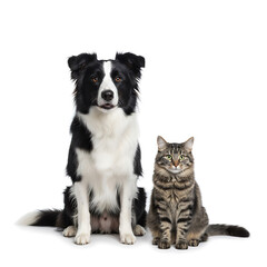 Border Collie dog and tabby cat isolated on white background, 