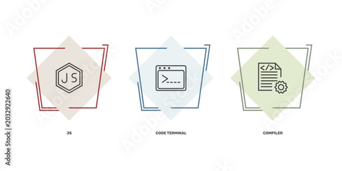 Tableau sur toile information technology icon set with js, code terminal, compiler signs in flat o