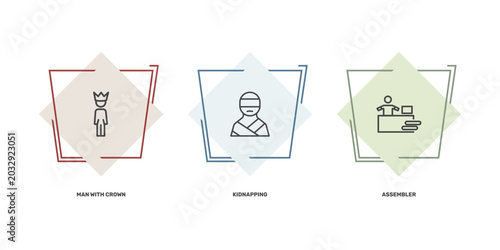 Foto people icon set with man with crown, kidnapping, assembler signs in flat outline