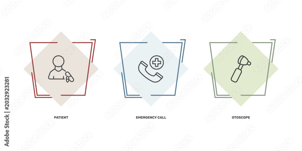 Ταπετσαρία medical icon set with patient, emergency call, otoscope signs in flat outline st