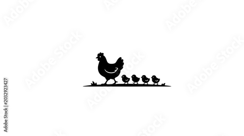 Fényképezés A black silhouette of a mother hen leading her four small chicks in a line