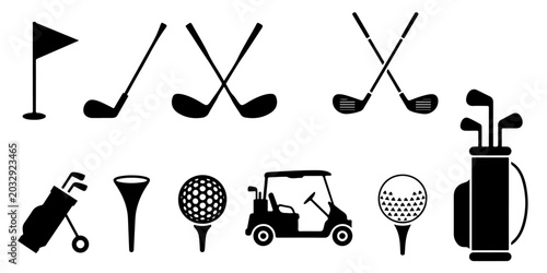 Schilderij op canvas Golf equipment silhouette set featuring clubs, flag, cart, golfer, tee and golf