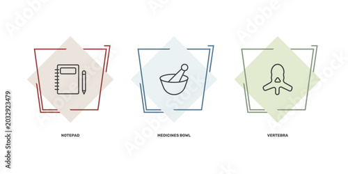 Fotografía medical and healthcare icon set with notepad, medicines bowl, vertebra signs in