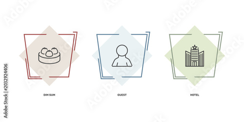 Obraz na płótnie hotel and restaurant icon set with dim sum, guest, hotel signs in flat outline s