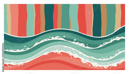 Bild auf Leinwand Colorful abstract landscape with wavy sea foam and vertical stripes in flat desi