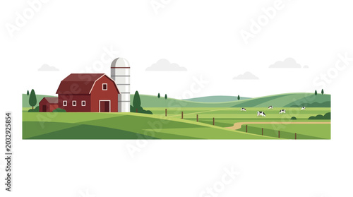 Bild auf Leinwand A classic red wooden barn with a tall white silo standing on a green farm landscape