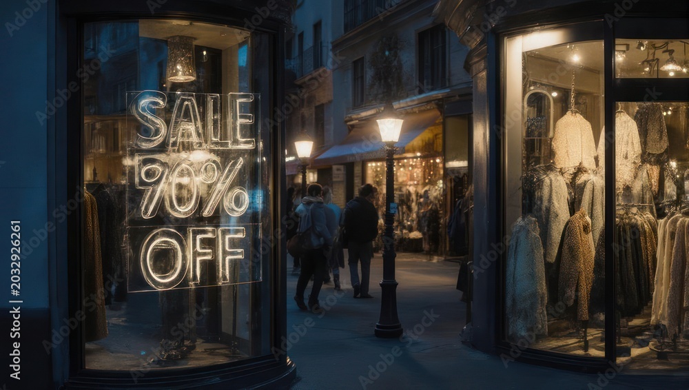 Fototapeta premium Neon Sale Sign Illuminates a Storefront at Night.