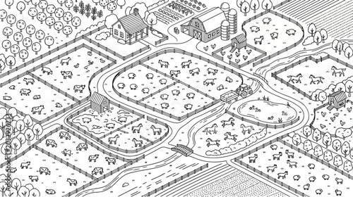 Bild auf Leinwand An isometric black and white line art illustration of a bustling farm with various animal paddocks
