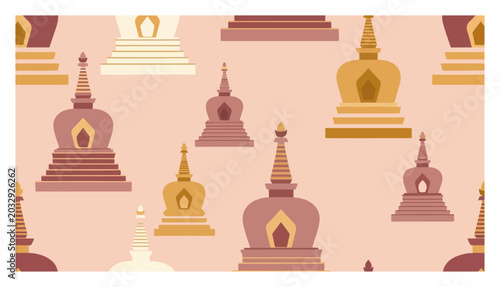 Fotografía Buddhist stupa chorten seamless pattern with spiritual architecture in earthy to