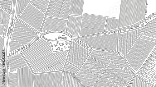 Top down aerial view of a rural agricultural landscape with a small cluster of buildings.