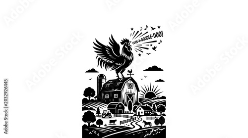 Schilderij op canvas A majestic rooster crowing loudly atop a rustic farm barn.