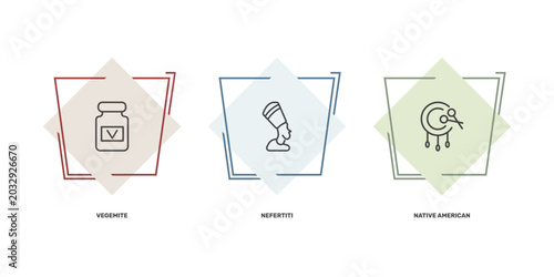 Foto culture and civilization icon set with vegemite, nefertiti, native american drum