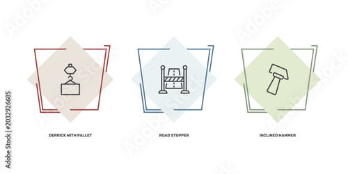 Foto construction icon set with derrick with pallet, road stopper, inclined hammer si