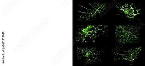 Bild auf Leinwand Green spider web collection for halloween decoration isolated on black background horror spooky cobweb design elements set for toxic mystery themed creative graphic project