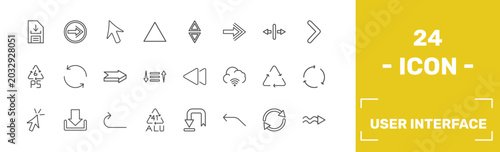 Photos user interface icon set with download data, go back button, mouse cursor, undula