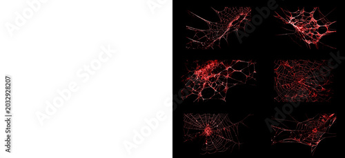 Schilderij op canvas Red spider web collection for halloween decoration isolated on black background horror spooky cobweb design elements set for gothic mystery themed creative graphic project