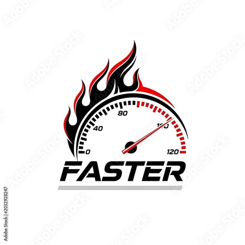 Speedometer gauge icon with flames and faster text illustration