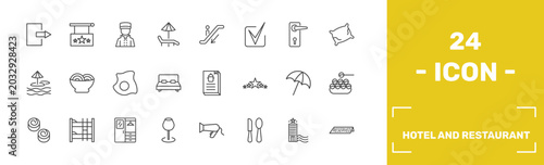 Photography hotel and restaurant icon set with check out, hotel, bellboy, reserved signs in