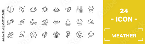 Schilderij op canvas weather icon set with last quarter, thaw, cumulus, blanket of fog signs in flat