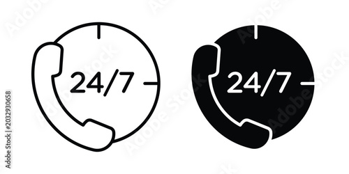 Photos 24 7 call support icon symbol. Editable stroke. vector icons