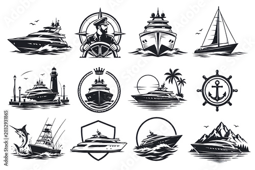 Yachting And Nautical Icons Set. Luxury Yacht And Sailboat Vector Collection