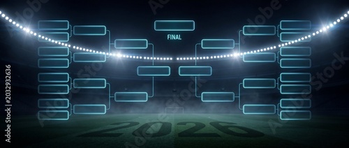 Neon tournament bracket on soccer field with 2026 and final lights