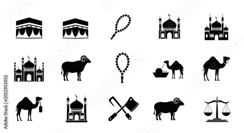 Fotografija Islamic Hajj and Eid al-Adha icon set, 15 black solid vector symbols of Kaaba, m
