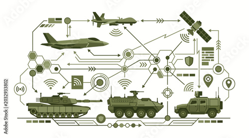 Fotografie Military communication network and tactical data link concept, vector illustrati