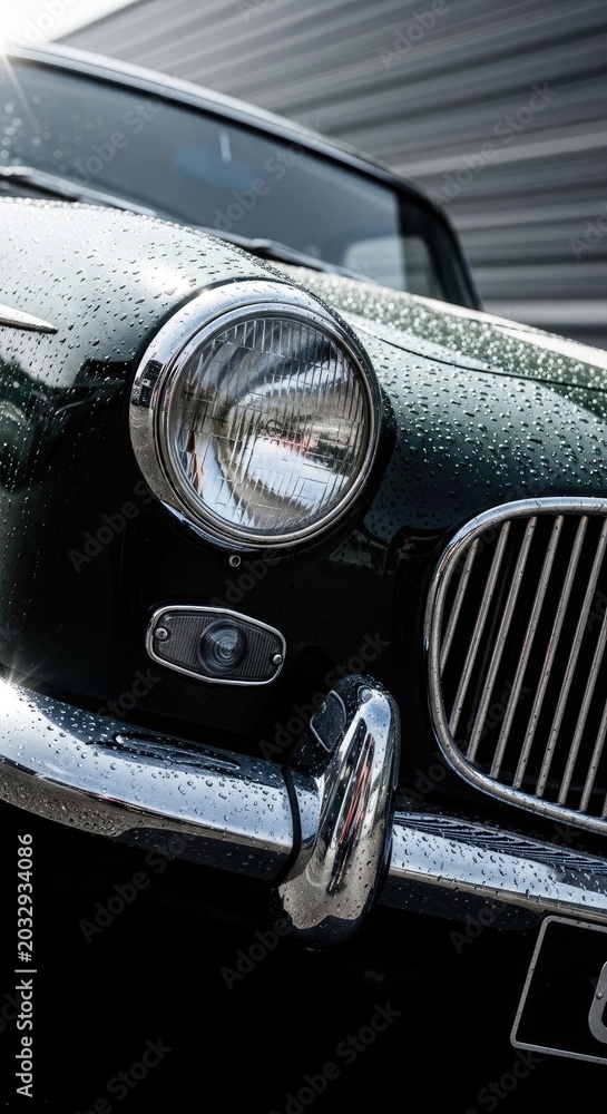 Fototapeta premium Classic Vintage Car Headlight and Grille Detail with Raindrops.