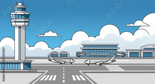 Tableau sur toile Modern Airport Control Tower and Airplanes on Runway.