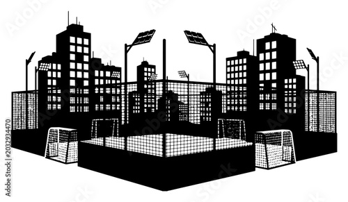 Tableau sur toile Urban soccer pitch with goals surrounded by city skyscrapers in architectural si
