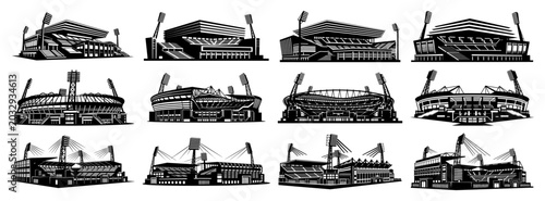 Tableau sur toile Sports stadium and arena silhouettes set with floodlights in modern architectura
