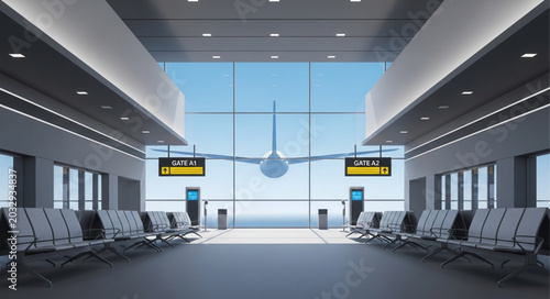Photos Modern Airport Terminal Waiting Area with Airplane View.