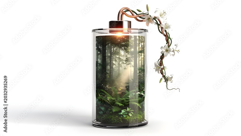 Obraz premium Surrealism Illustration of a Transparent Battery Shell Filled with a Lush Green Forest, Creative Eco Friendly Power and Sustainable Green Energy Metaphor, Premium Digital Art Asset