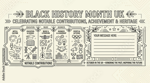 Foto Black History Month UK commemorative graphic design with icons and message space