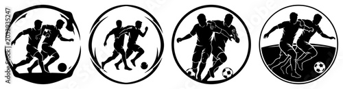 Photos Soccer players in action emblems with dynamic silhouettes in circular frames